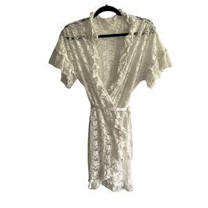 LACE Short Sleeve Wrap Tie-Waist Mini Robe Cream One Size